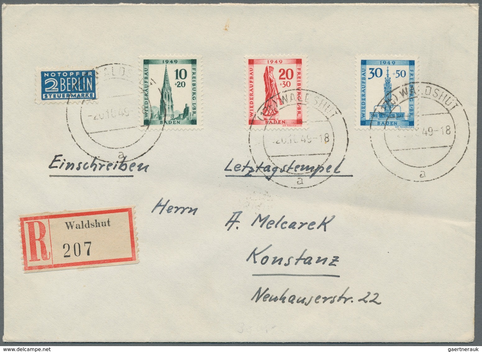 Französische Zone - Baden: 1949, "10 Bis 30 Pfg. Wiederaufbau Freiburg" Als Portorichtige MiF Auf R- - Other & Unclassified