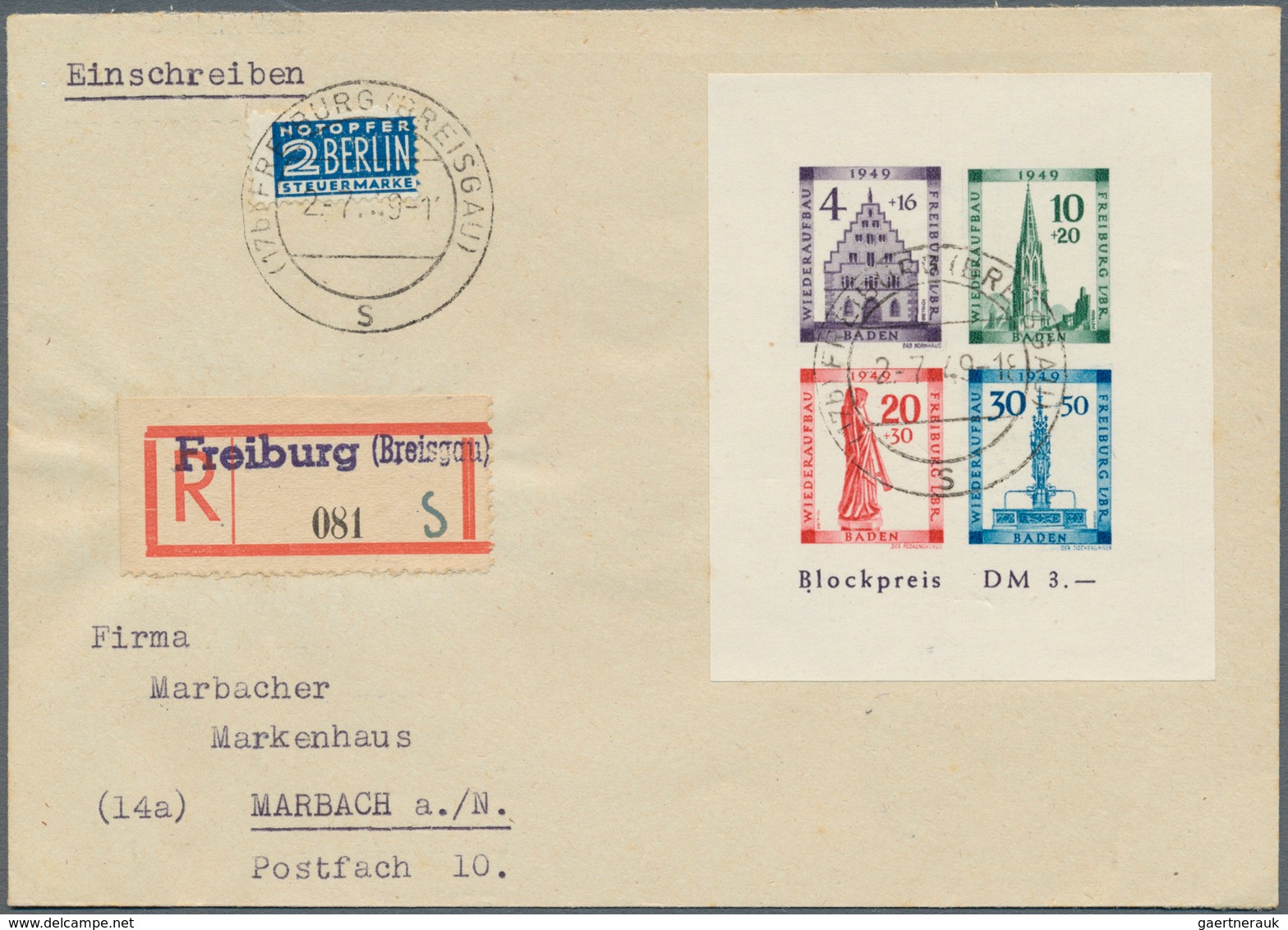 Französische Zone - Baden: 1949, Freiburg Blockpaar Auf 2 Gelaufenen R-Briefen Von „FREIBURG (BREISG - Sonstige & Ohne Zuordnung