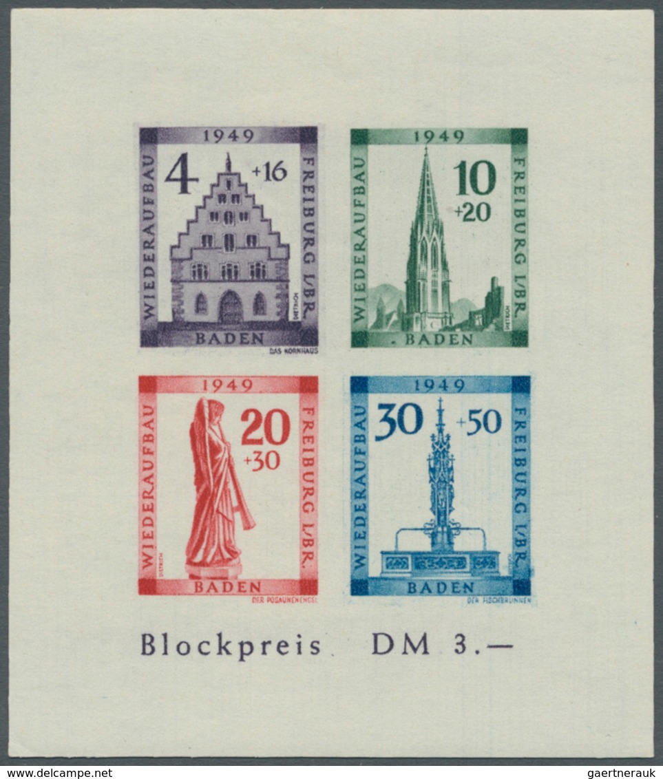 Französische Zone - Baden: 1949, Wiederaufbau-Block Ungezähnt Mit Plattenfehler "Farbpunkt Links Neb - Autres & Non Classés