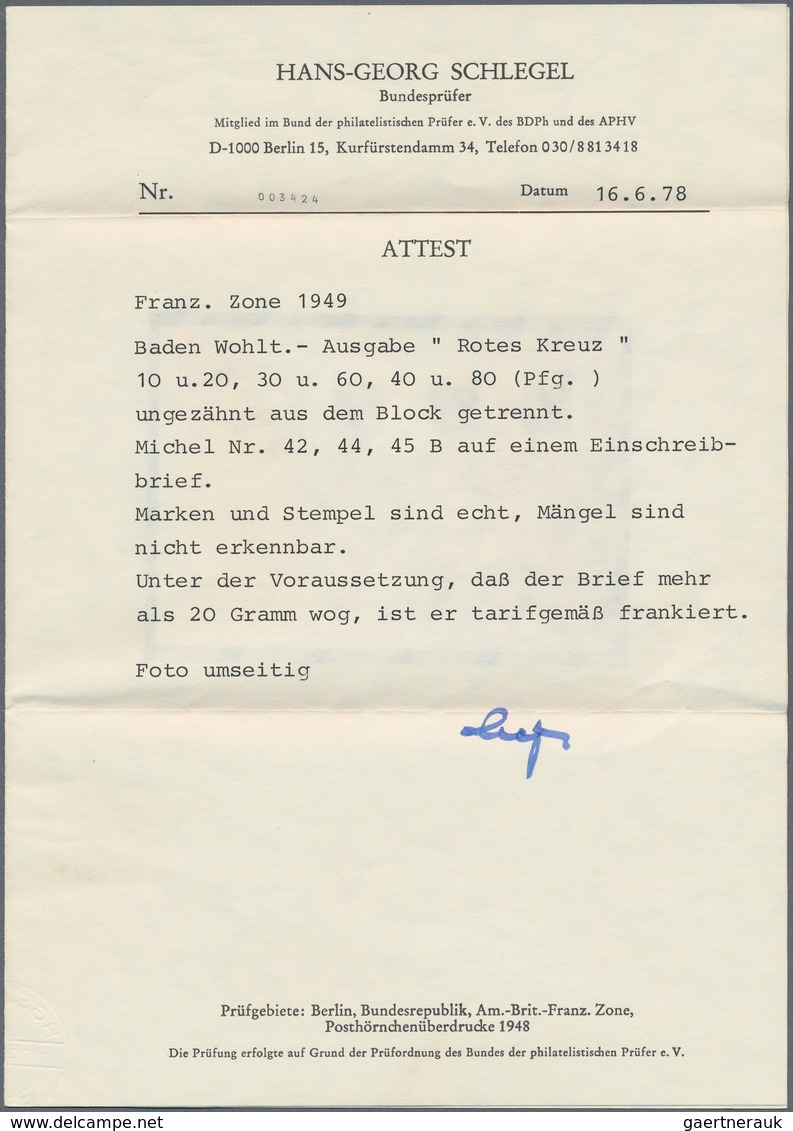 Französische Zone - Baden: 1949. Lot Von 1 R-Brief Mit 16, 30 Und 40 Pf Rotes Kreuz Ungezähnt (aus B - Autres & Non Classés