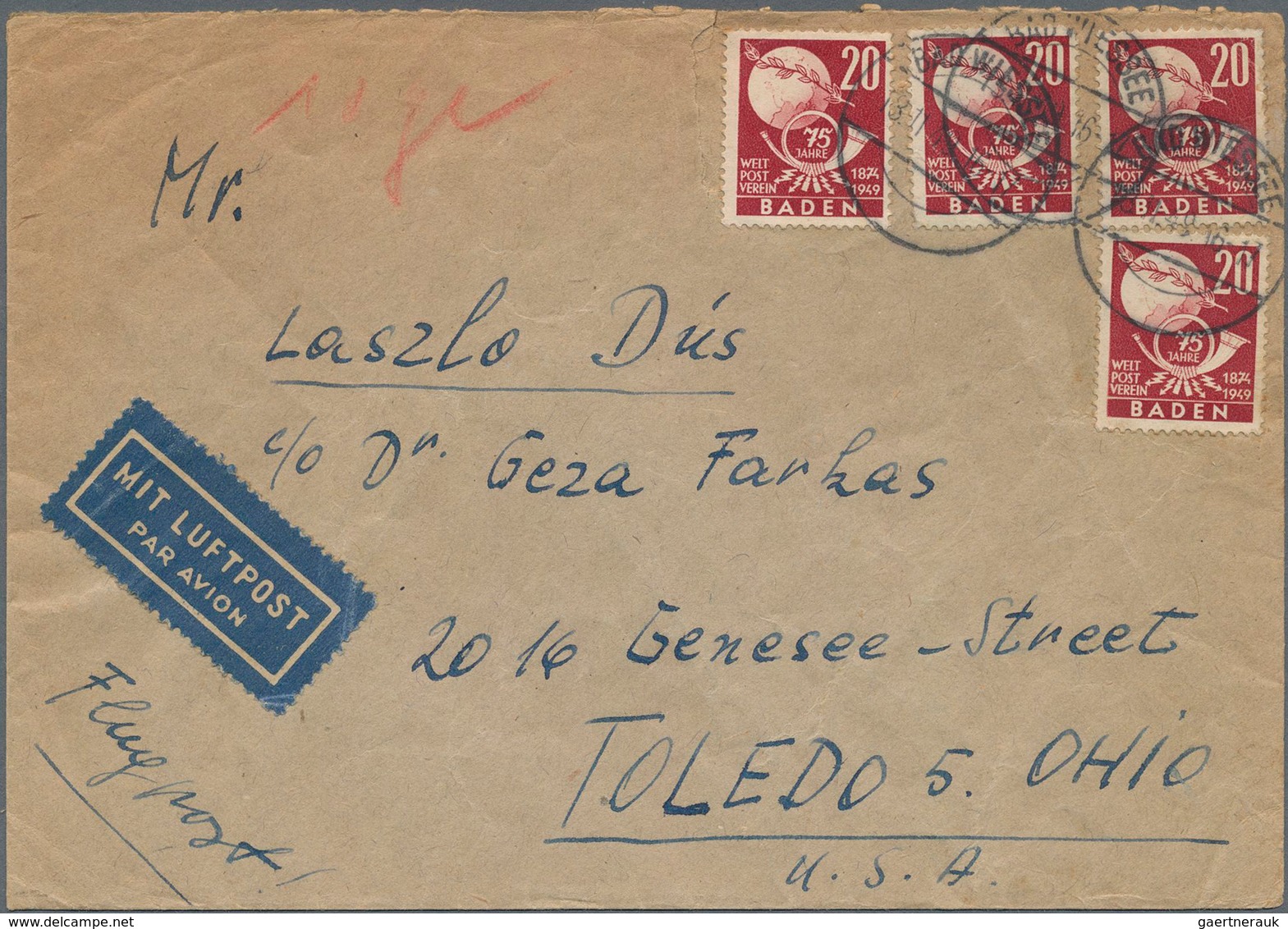 Französische Zone - Baden: 1949, Luftpostbrief Frankiert Mit Viermal 20 Pfg. "75 Jahre UPU" Ab BAD W - Andere & Zonder Classificatie