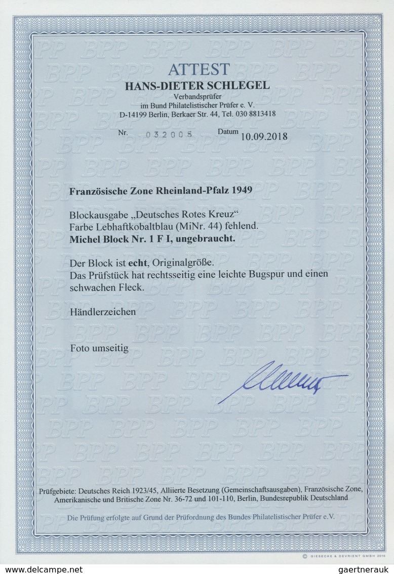 Französische Zone - Rheinland Pfalz: 1949, Rotes-Kreuz-Block Mit Fehlender Farbe Lebhaftkobaldblau ( - Sonstige & Ohne Zuordnung