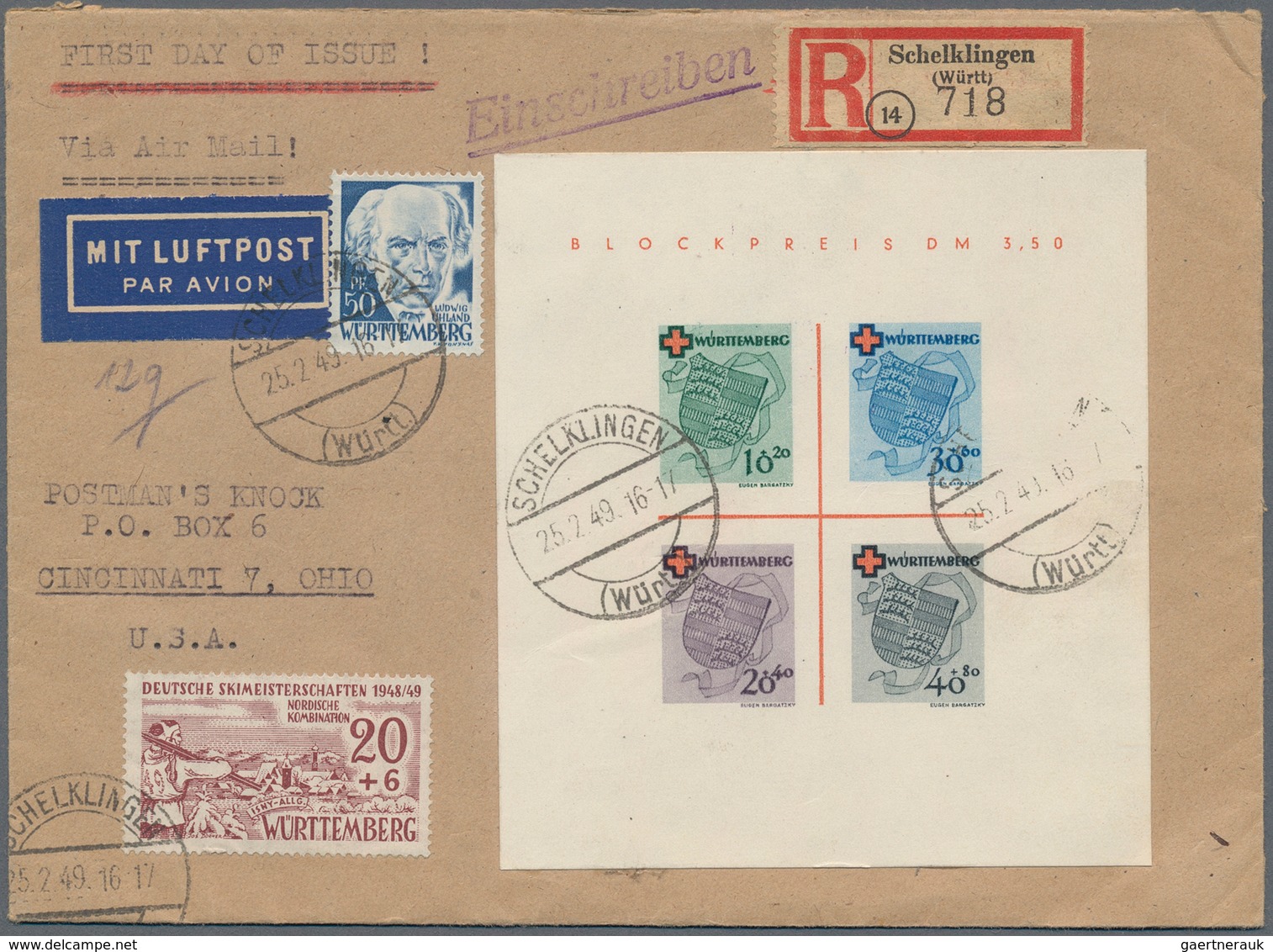 Französische Zone - Württemberg: 1949. Lp-R-Brief Mit Rot-Kreuz-Block Und Zfr. Zus. 70 Pf Und Ertsta - Autres & Non Classés