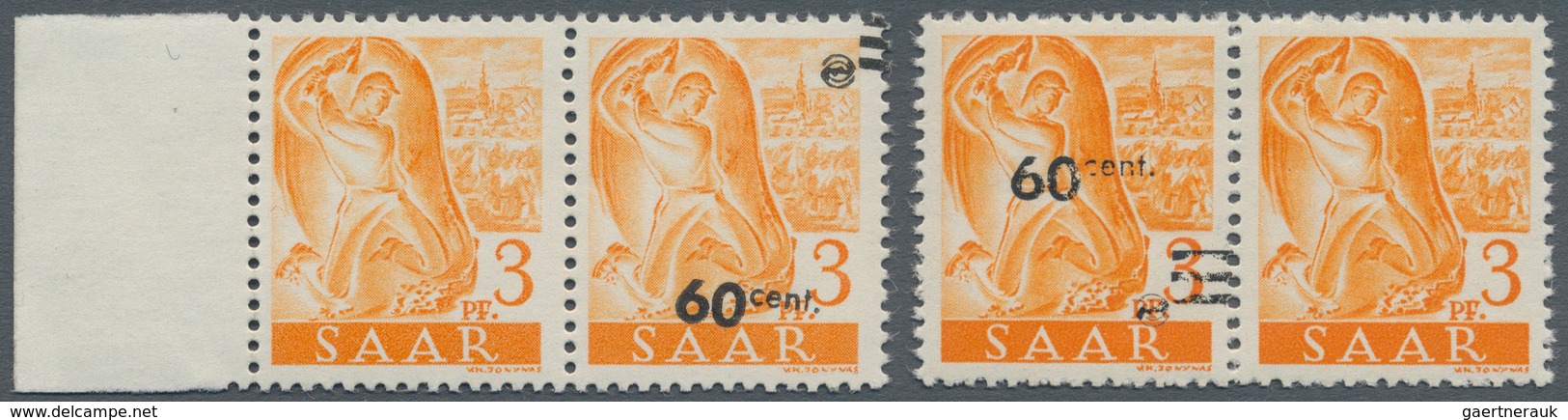 Saarland (1947/56): 1947, Freimarken-Aufdrucke, 60 C. Auf 3 Pfg. Orange, Zwei Waagerechte Paare Je " - Unused Stamps