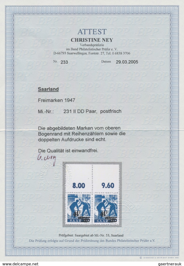 Saarland (1947/56): 1947, 4 Fr. Auf 16 Pfg. Neuauflage Mit Doppeltem Aufdruck Im Waagerechten Paar V - Unused Stamps