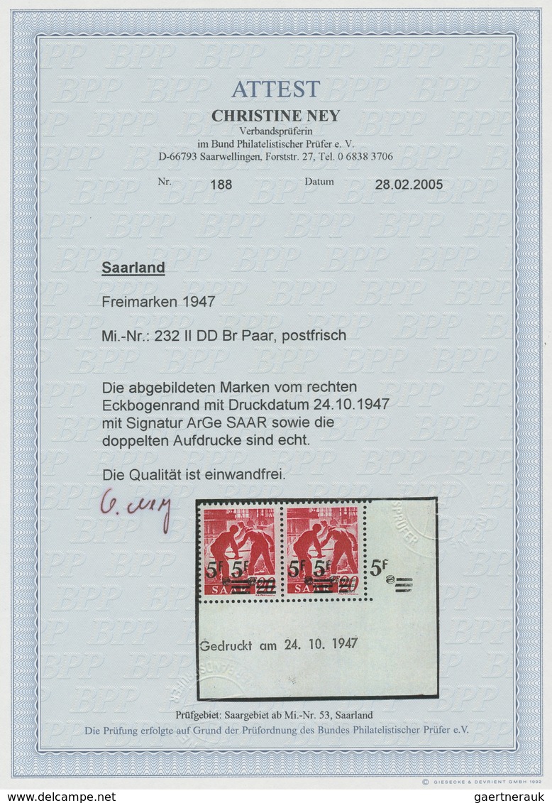 Saarland (1947/56): 1947, "5 Fr. Auf 20 Pfg. Mit Doppeltem Aufdruck Und Druckdatum", Postfrisches Ec - Ungebraucht