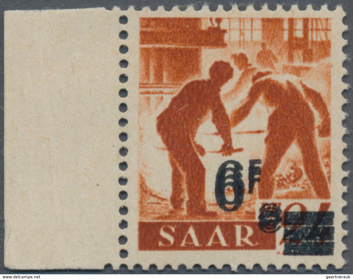 Saarland (1947/56): 1947, 6 Fr. Auf 24 Pfg. Urdruck Mit Doppeltem Aufdruck, Randstück, Postfrisch, P - Ungebraucht