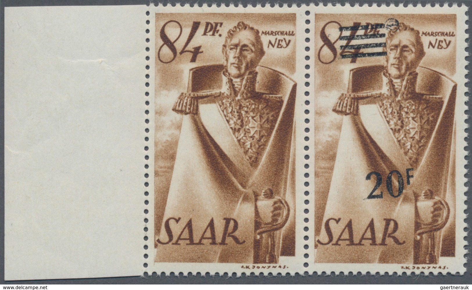 Saarland (1947/56): 1947, Freimarken-Aufdrucke, 20 F. Auf 84 Pfg., Waagerechtes Paar Vom Linken Boge - Ungebraucht