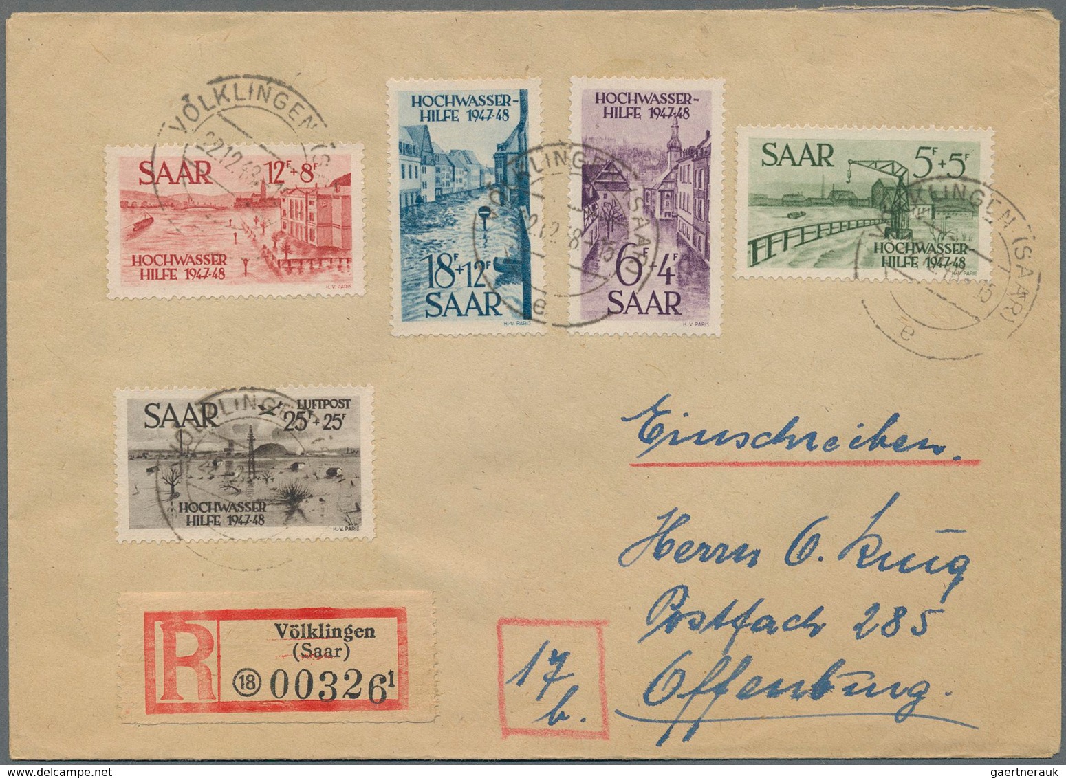 Saarland (1947/56): 1948, Hochwasserhilfe, Kompletter Satz Auf R-Brief Von "VÖLKLINGEN 22.1.248" Nac - Unused Stamps