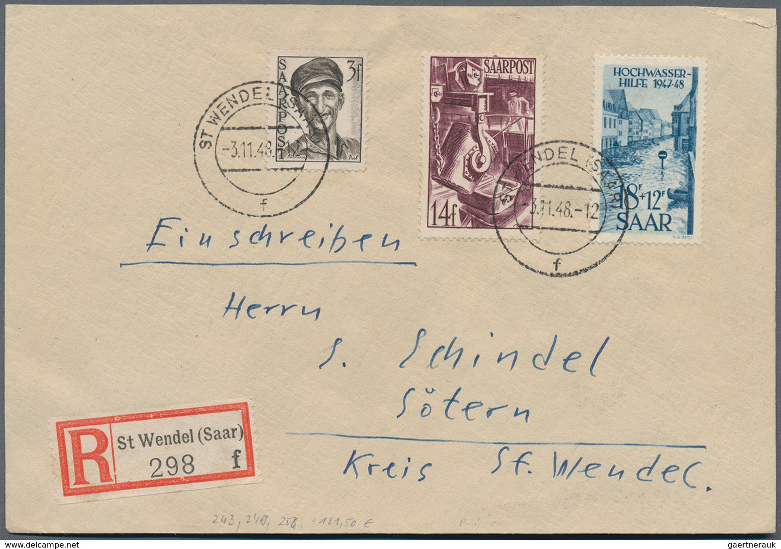 Saarland (1947/56): 1948, Vier Belege Jeweils Mit Werten Aus Dem Hochwasserhilfe-Satz In Mischfranka - Unused Stamps