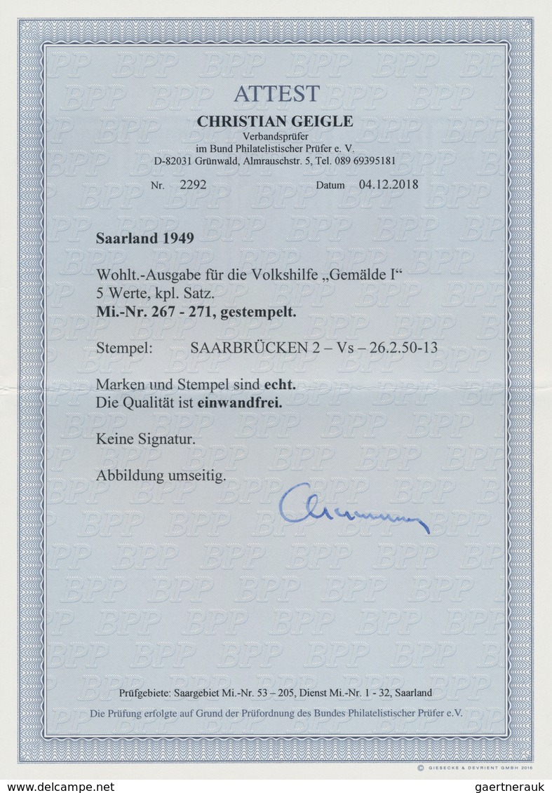Saarland (1947/56): 1949, 8+2 Bis 50+20 Fr Volkshilfe Komplett Sauber Gestempelt, Fotoattest BPP, Mi - Unused Stamps