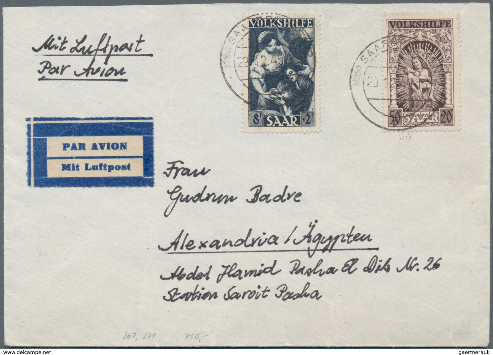 Saarland (1947/56): 1949, VOLKSHILFE, Luftpostbrief Frankiert Mit 8+2 Und 50+20 Franc Ab "SAARBÜCKEN - Ungebraucht