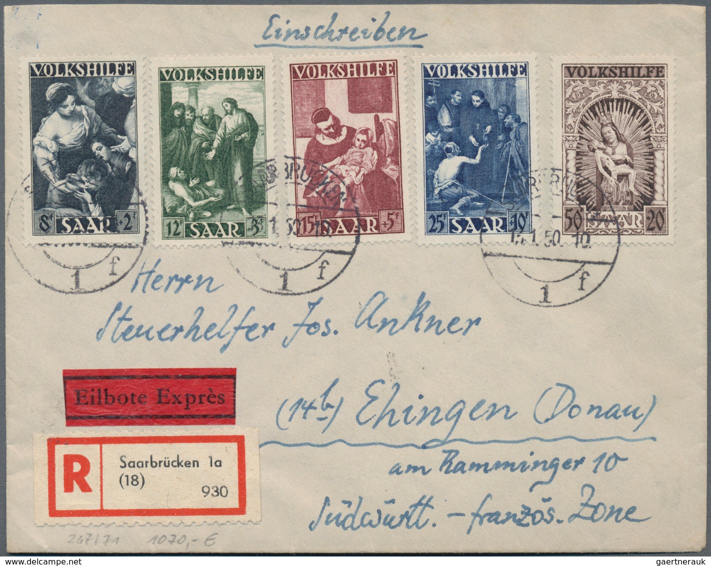 Saarland (1947/56): 1950, VOLKSHILFE 1949, Satzbrief Als Portorechter R-Eilbrief Ab "SAARBRÜCKEN 13. - Unused Stamps