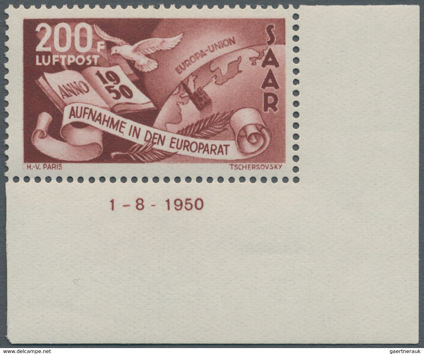 Saarland (1947/56): 1950, 200 Fr. Europarat, Rechte Untere Bogenecke Mit Druckdatum "1-8-1950", Post - Unused Stamps