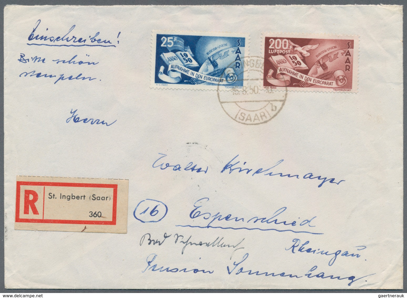 Saarland (1947/56): 1950, 25 F Und 200 Fr. Aufnahme Des Saarlandes In Den Europarat Auf R-Brief Ab " - Unused Stamps