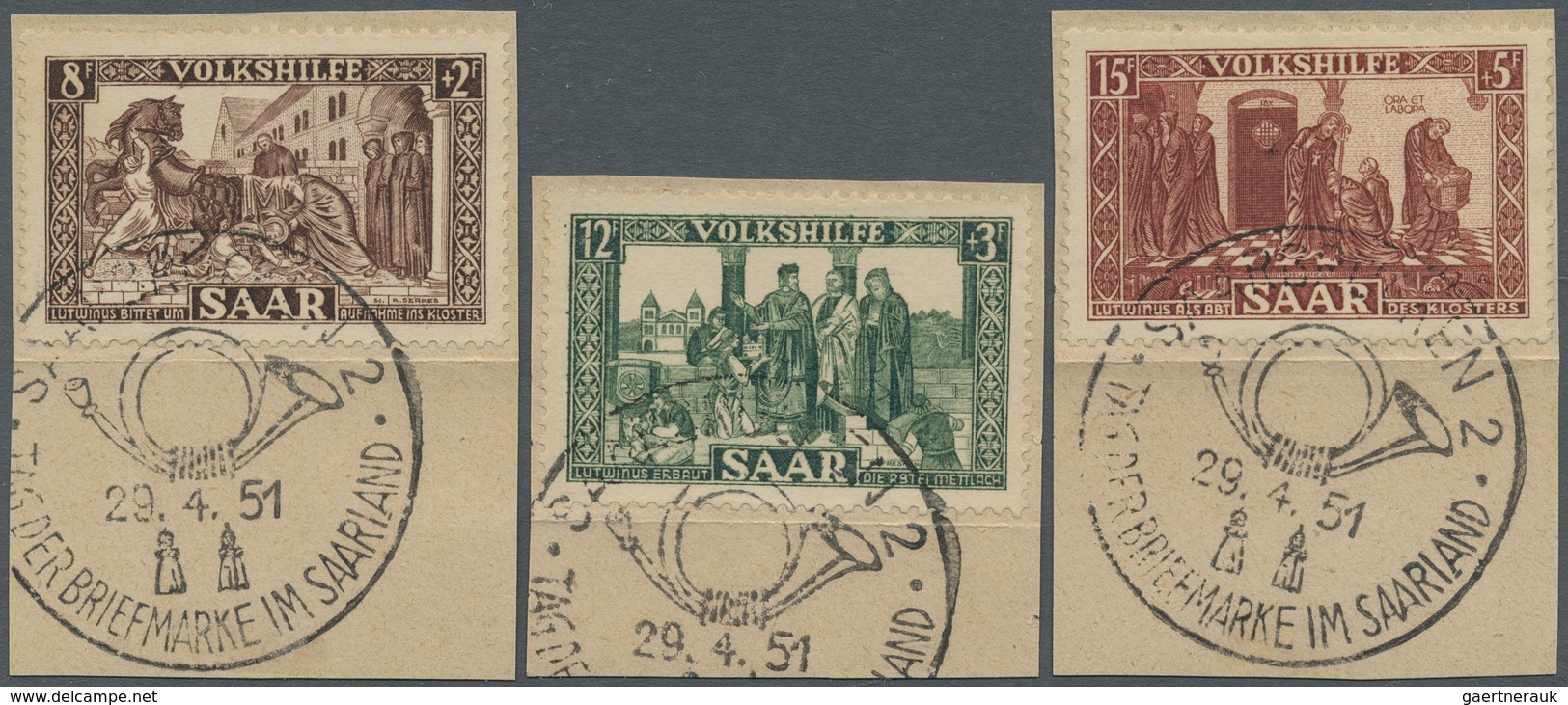 Saarland (1947/56): 1950, Volkshilfesatz 5 Werte Komplett Auf Briefstücken Mit Sonderstempel "Saarbr - Unused Stamps