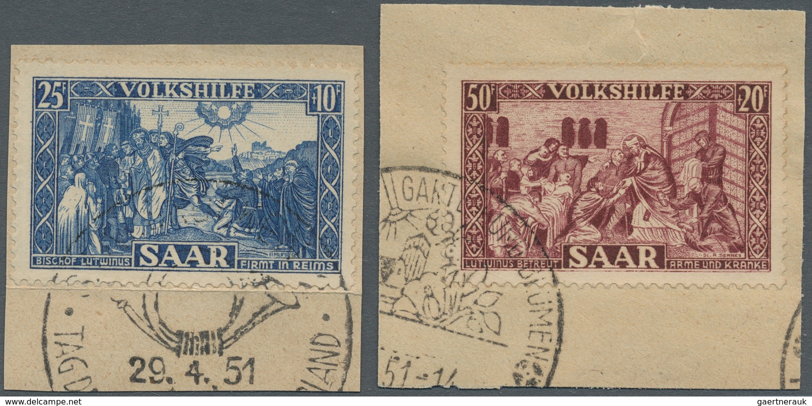 Saarland (1947/56): 1950, Volkshilfesatz 5 Werte komplett auf Briefstücken mit Sonderstempel "Saarbr