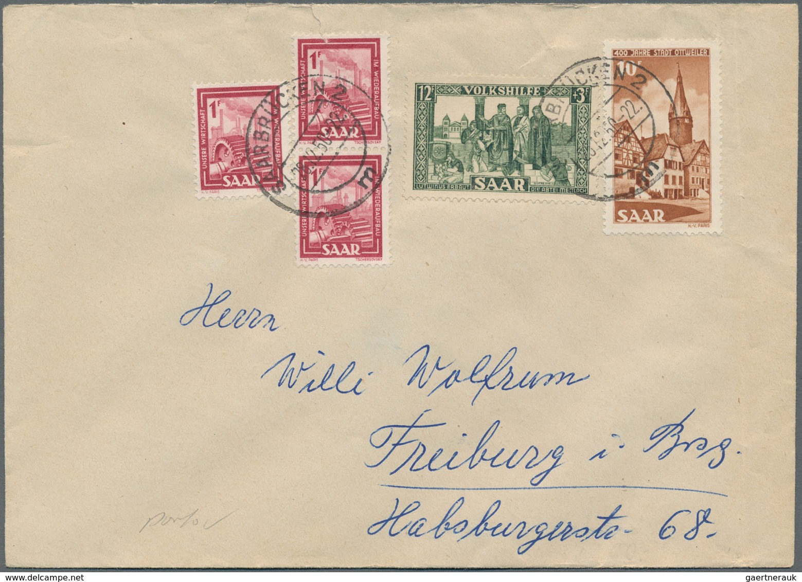 Saarland (1947/56): 1950, "Volkshilfe 1950" weit überkomplett (insgesamt neun Werte) auf neun Belege