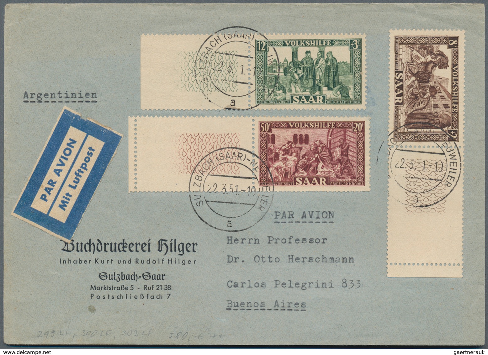Saarland (1947/56): 1950, Volkshife 8,12 Und 50 Fr. Je Mit Leerfeld Auf Luftpostbrief Nach Buenos Ai - Unused Stamps