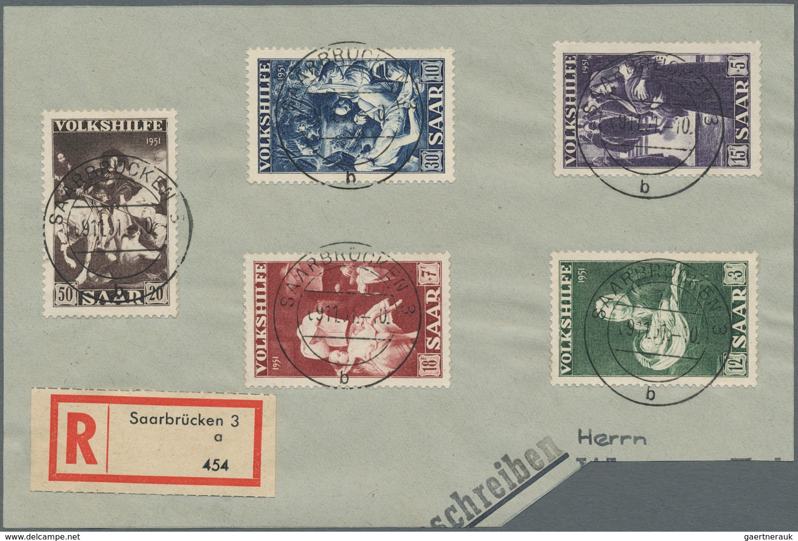 Saarland (1947/56): 1951, Volkshilfesatz 5 Werte Komplett Zusammen Auf Einem Großen Briefstück. Alle - Unused Stamps