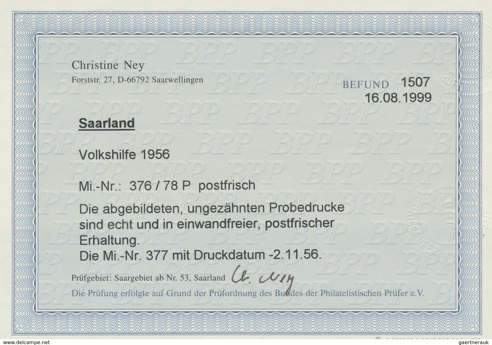 Saarland (1947/56): 1956, "Volkshilfe Als Ungezähnte Probedrucke", Postfrischer Satz In Tadelloser E - Neufs