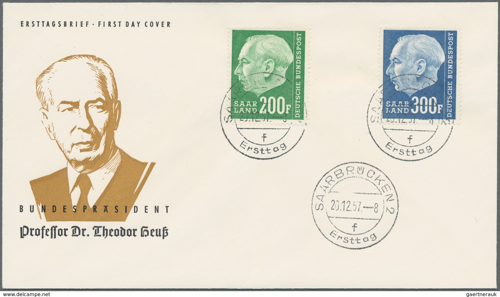 Saarland (1957/59) - OPD Saarbrücken: 1957, "Heuss I und II"-Partie von 30 FDC mit u.a. 3 kompletten