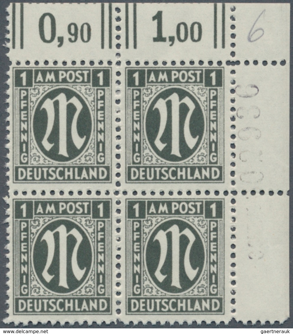 Bizone: 1945, AM-Post 1 Pf. Deutscher Druck, Postfrischer Eckrand-Viererblock Aus Der Rechten Oberen - Other & Unclassified