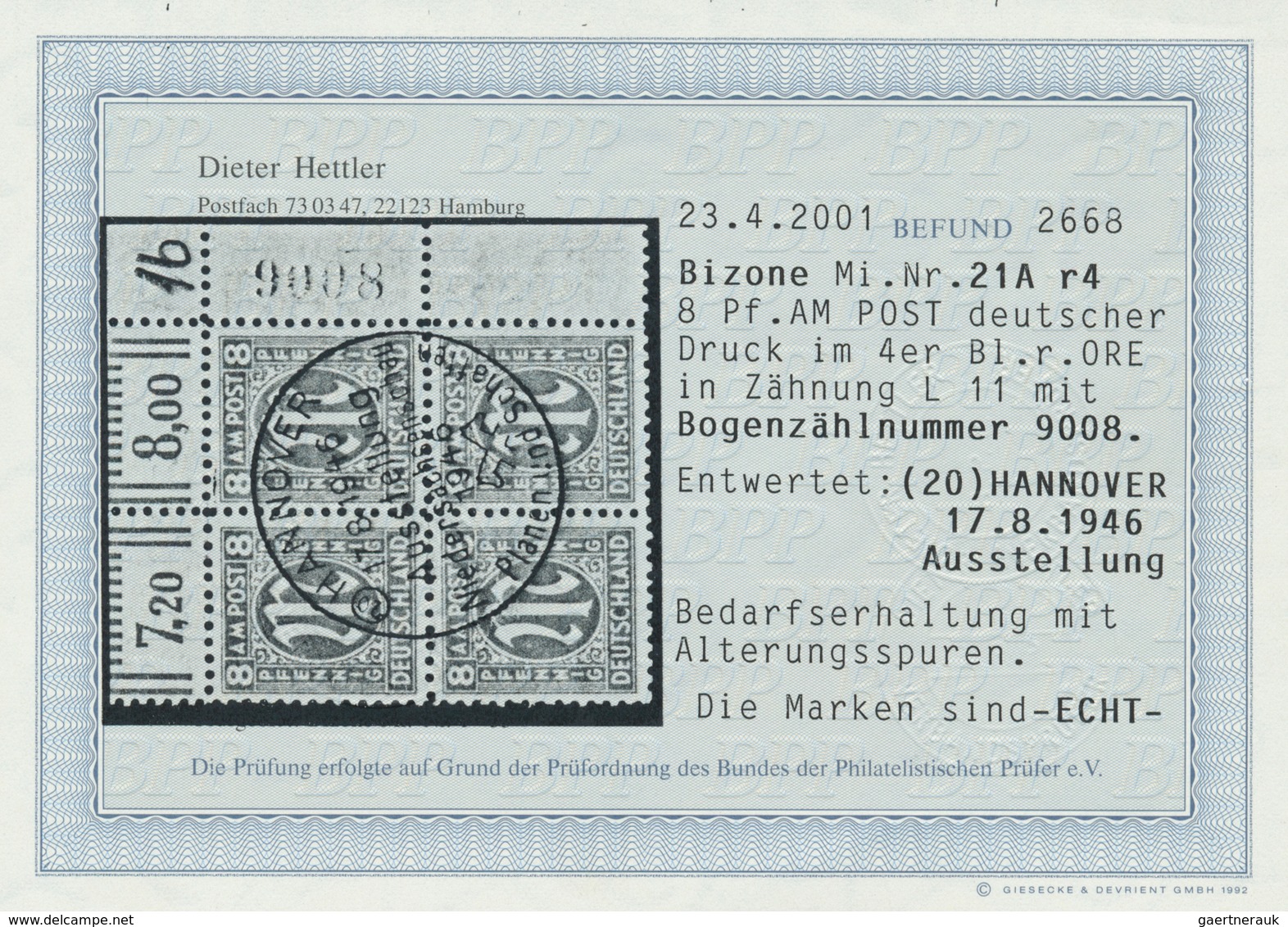 Bizone: 1945, AM-Post 8 Pf. Deutscher Druck Im Eckrandviererblock Aus Der Rechten Oberen Bogenecke M - Other & Unclassified