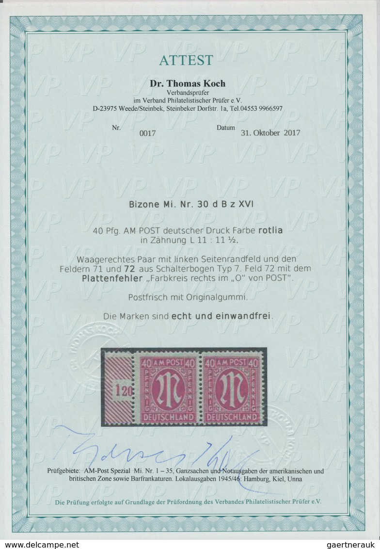 Bizone: 1945, AM-Post 40 Pf. Rotlila, Gezähnt L 11:11½ Im Tadellos Postfrischen Paar Vom Linken Boge - Other & Unclassified