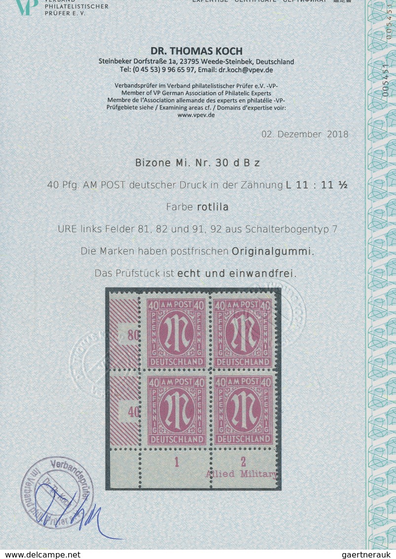 Bizone: 1945, AM-Post 40 Pf. Rotlila, Gezähnt L 11:11½ Im Tadellos Postfrischen Vierer-Block Aus Der - Sonstige & Ohne Zuordnung