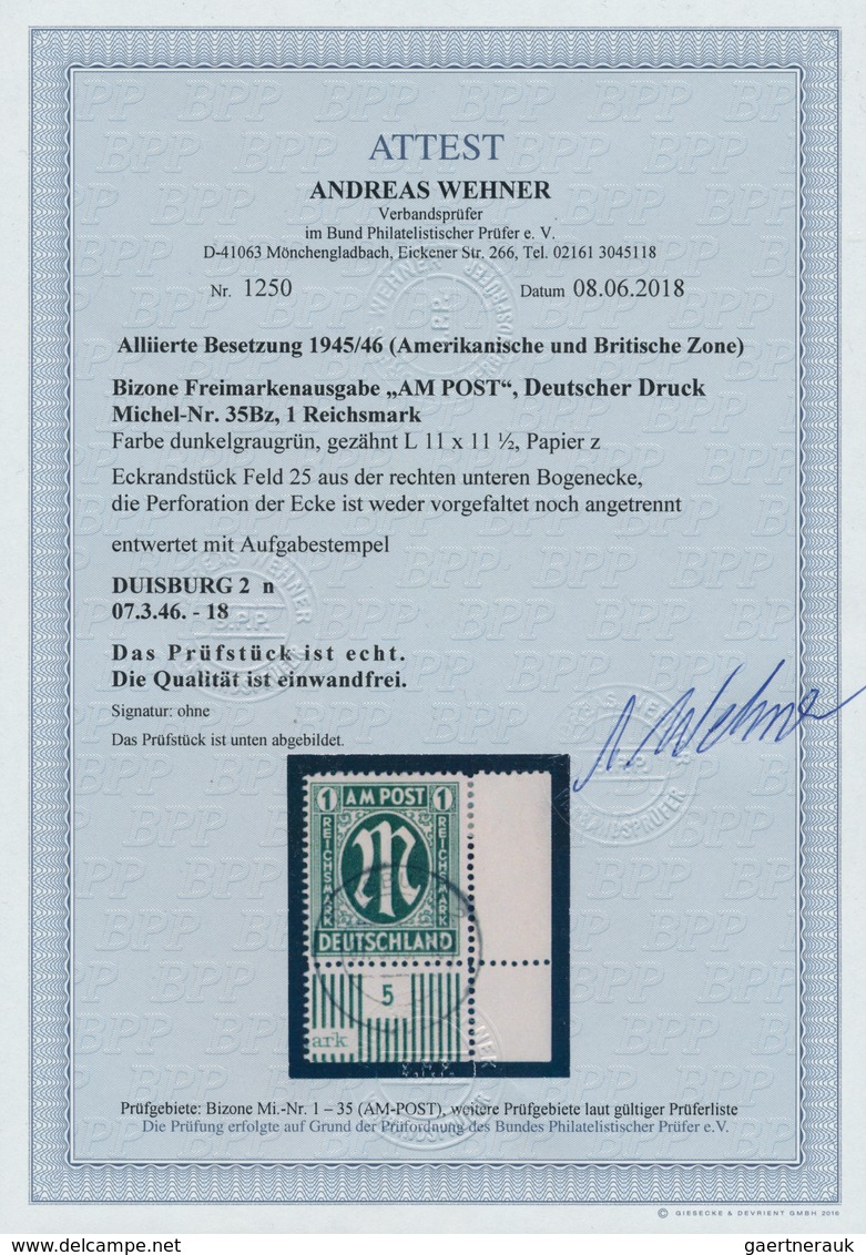 Bizone: 1945, Freimarke 1 RM AM POST, Deutscher Druck, Eckrandstück Feld 25 Aus Schalterbogentyp 5, - Autres & Non Classés