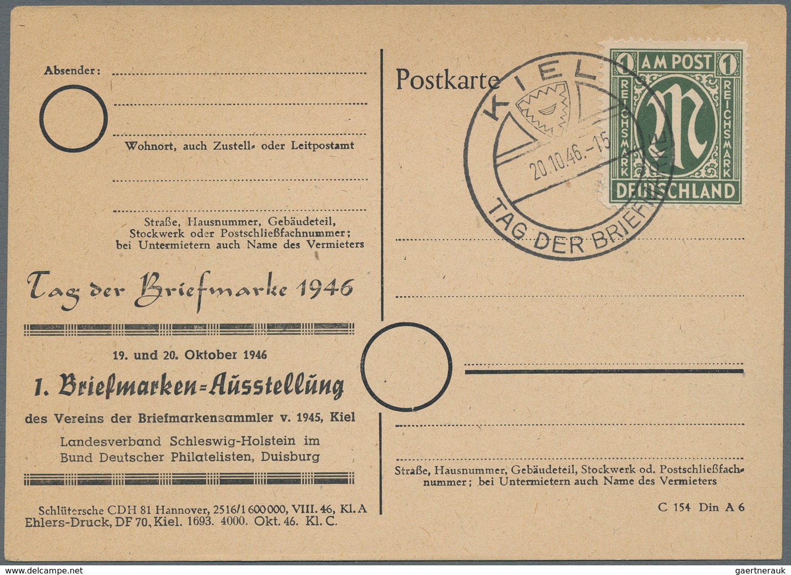 Bizone: 1946 Karte Mit Zudruck Der 1. Briefmarkenausstellung In Kiel Und Sst. Tag Der Briefmarke - Other & Unclassified