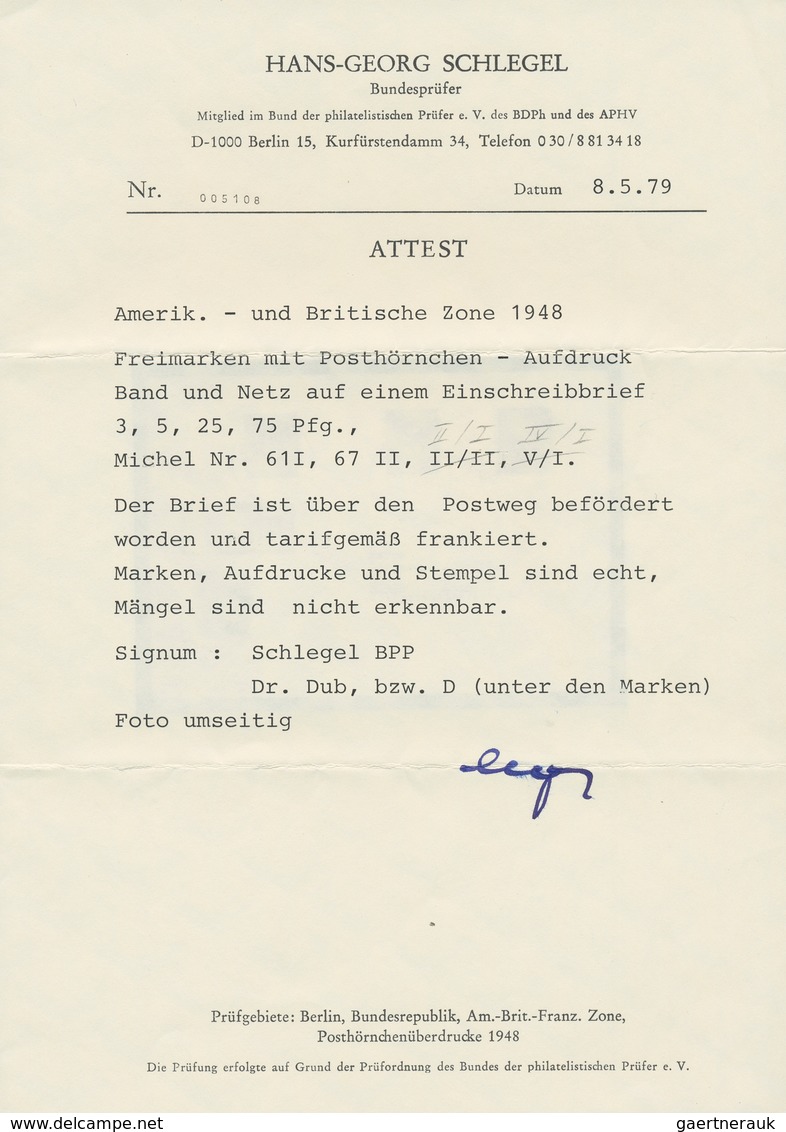 Bizone: 1948, Freimarken Mit Posthörnchen-Aufdruck Auf Portogerechtem R-Brief, "echt Und Einwandfrei - Other & Unclassified