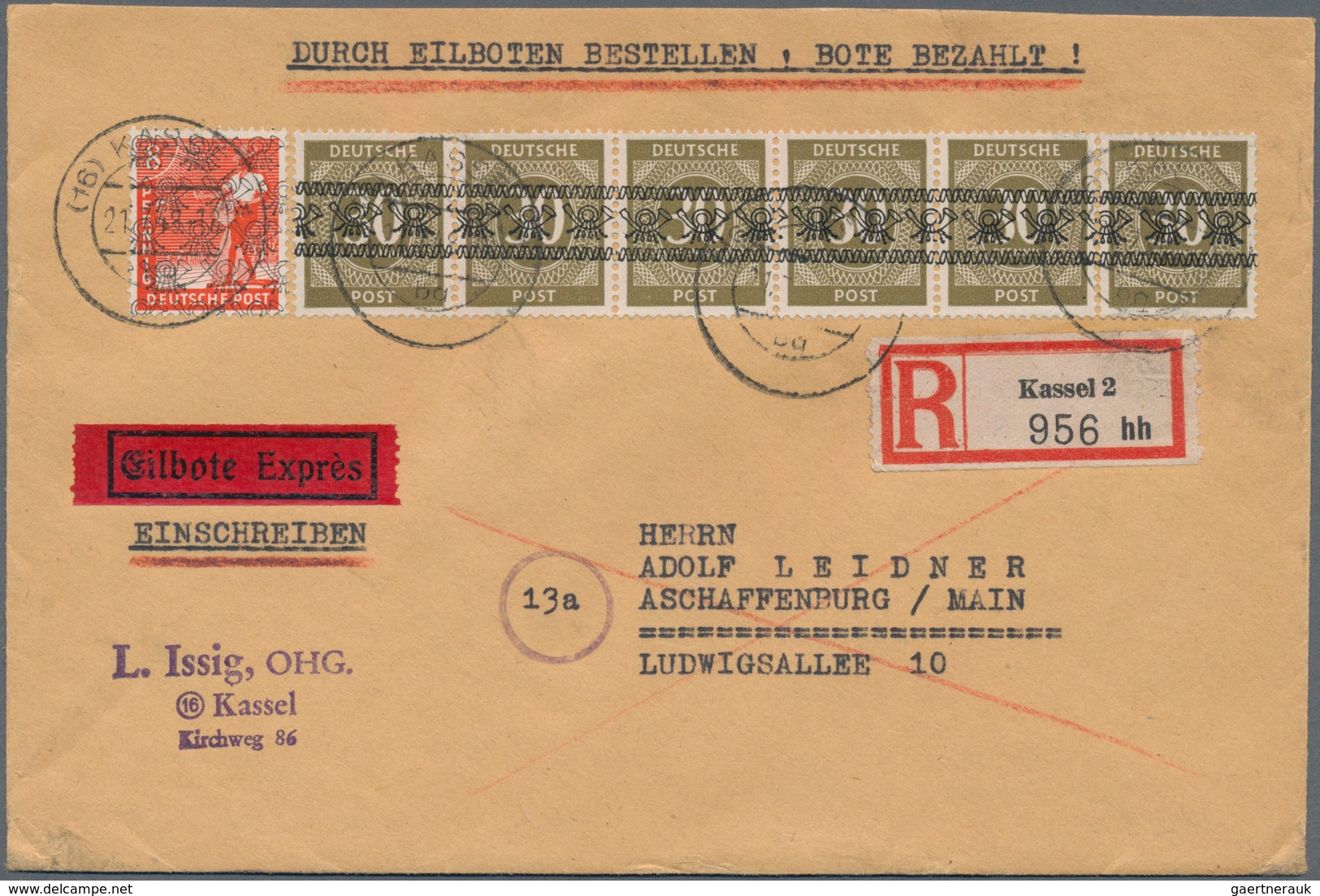 Bizone: 1948, 8 Pf Arbeiter Netzaufdruck Und Waagerechter 6er-Streifen 30 Pf Bräunlicholiv Ziffer Mi - Other & Unclassified