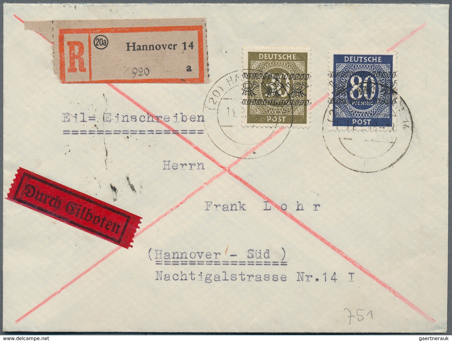 Bizone: 1948, 80 Pfg Ziffer Bandaufdruck Und Zusatzfrankatur Auf Portogerechtem Eilboten-Einschreibe - Other & Unclassified