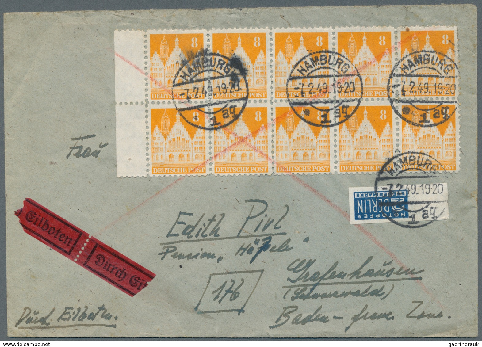 Bizone: 1949. Express-Brief Mit Rand-10er-Block 8 Pf Bauten Und Geschn. NO Ab "Hamburg 7.2.49" In Di - Other & Unclassified
