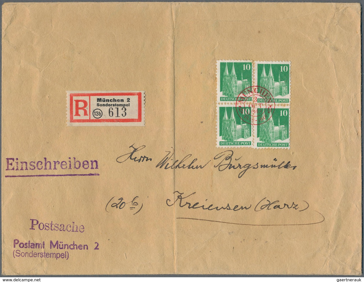 Bizone: 1949, 4 Stück 10 Pf Bauten Mit Rotem SoStpl. MÜNCHEN Auf R-POSTSACHE Nach Kreiensen, Nur Ein - Other & Unclassified