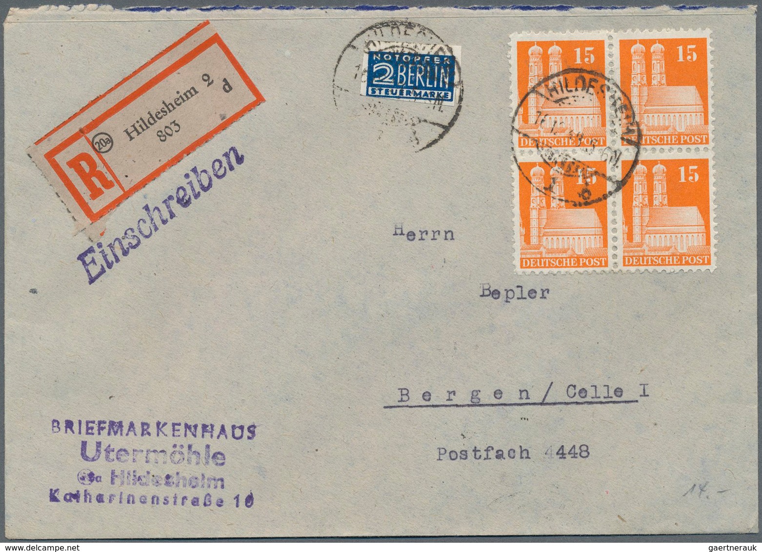 Bizone: 1948, 20 Pf. Bauten, Blau, Im 4er Block Als MeF Auf R-Doppelbrief Ab "USLAR 28.12.48.-14" Na - Other & Unclassified