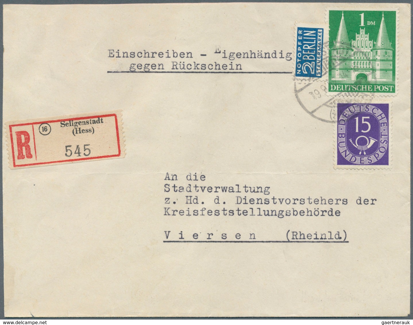 Bizone: 1952, 1 M. Bauten Und 15 Pfg. Posthorn Als Portogerechte Frankatur Auf Einschreibe-Rückschei - Other & Unclassified