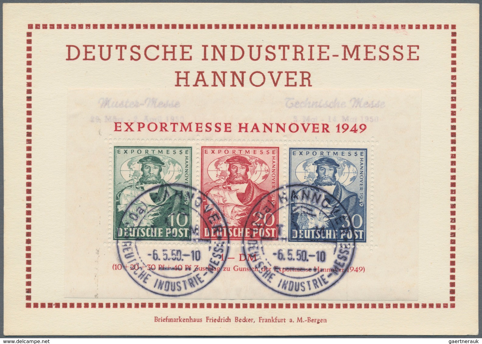 Bizone: 1949, Exportmesse Block Auf Sonderkarte Der Deutschen Industriemesse Hannover 1950, Block Sa - Other & Unclassified