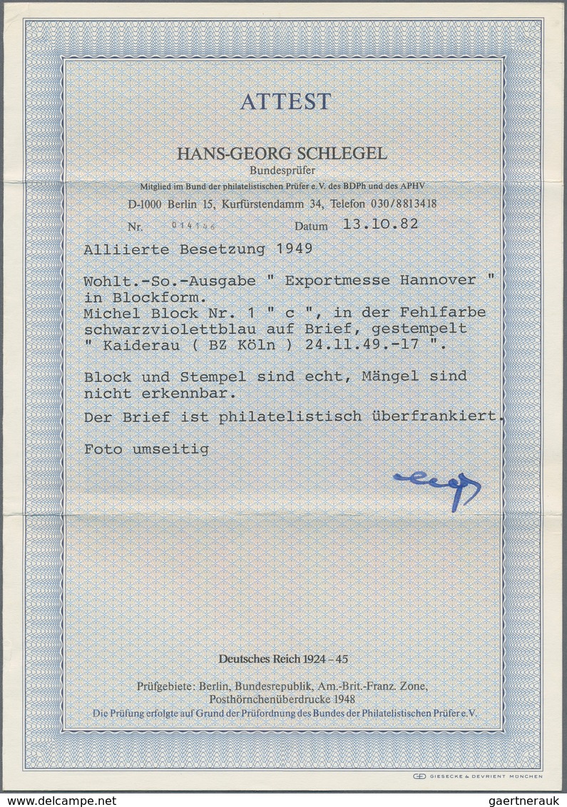 Bizone: 1949. Exportmesse-Block In Type "c" Auf Brief Von "Kaiserau 24.11.49" Nach Kassel. FA H.-G. - Other & Unclassified