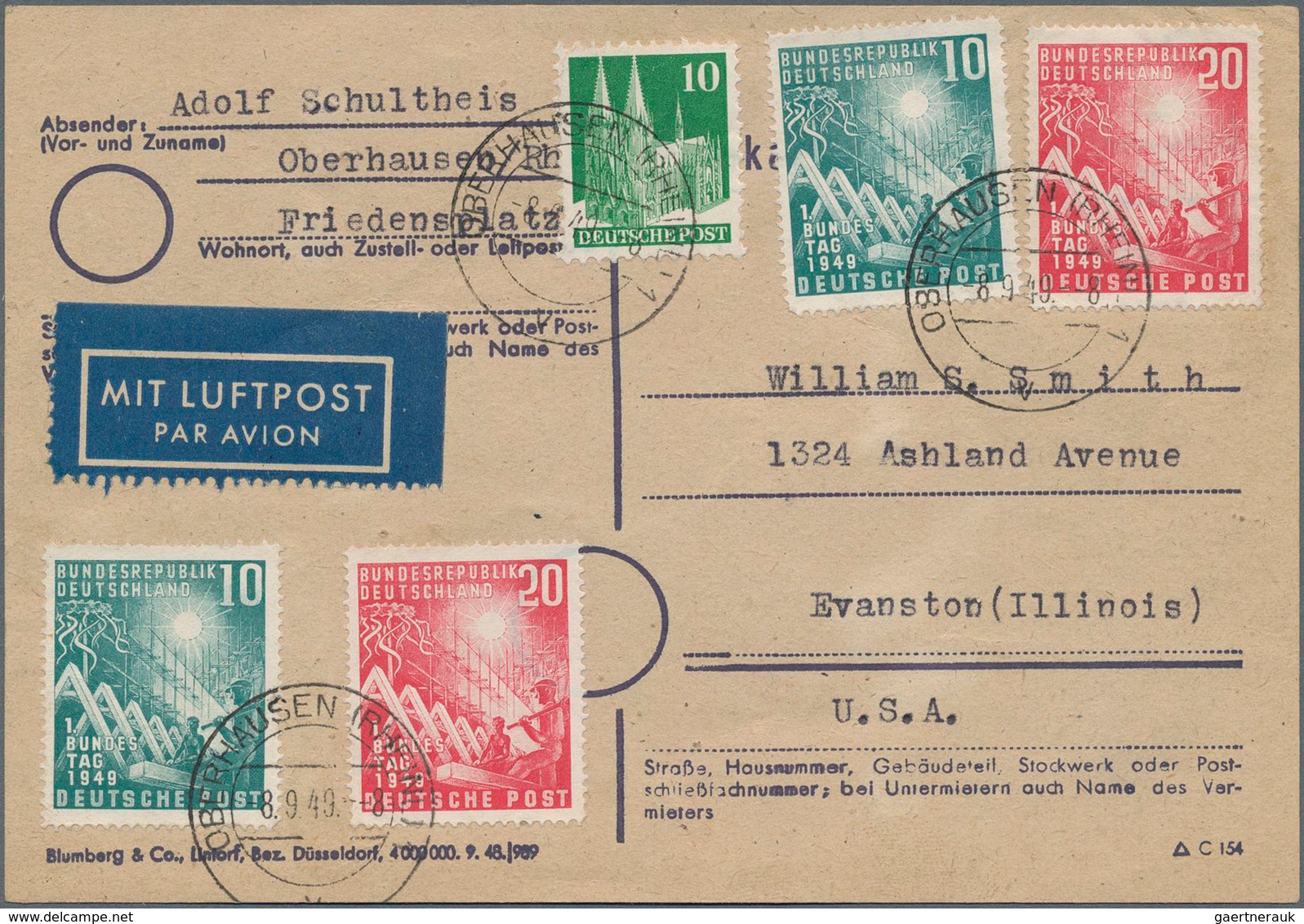 Bundesrepublik Deutschland: 1949, Luftpostkarte Mit 1. Bundestag Zweimal Komplett Und 10 Pfg. Bauten - Briefe U. Dokumente