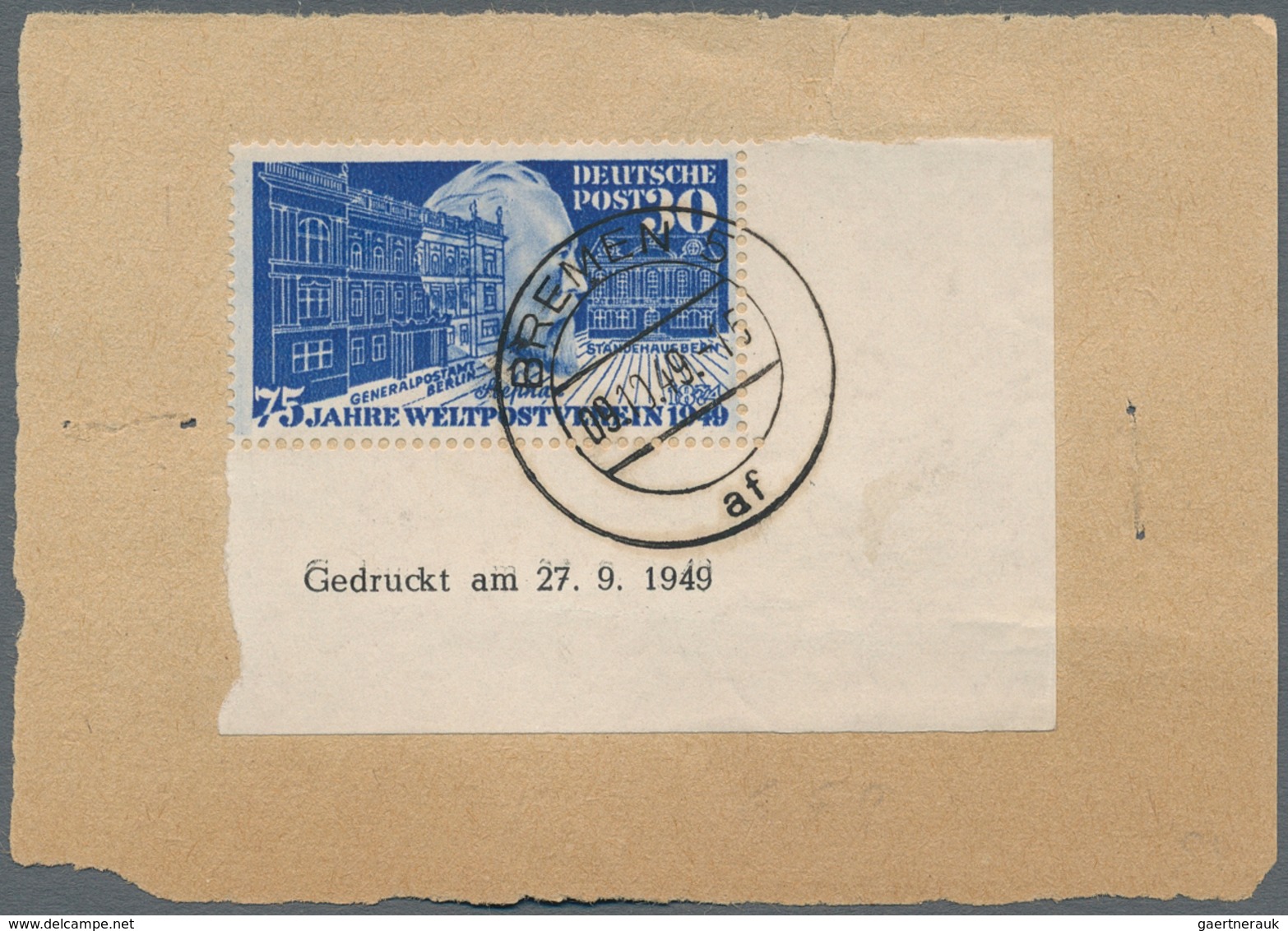 Bundesrepublik Deutschland: 1949 'Stephan' 30 Pf., Eckrandstück Unten Rechts Mit Druckdatum '27.9.19 - Briefe U. Dokumente