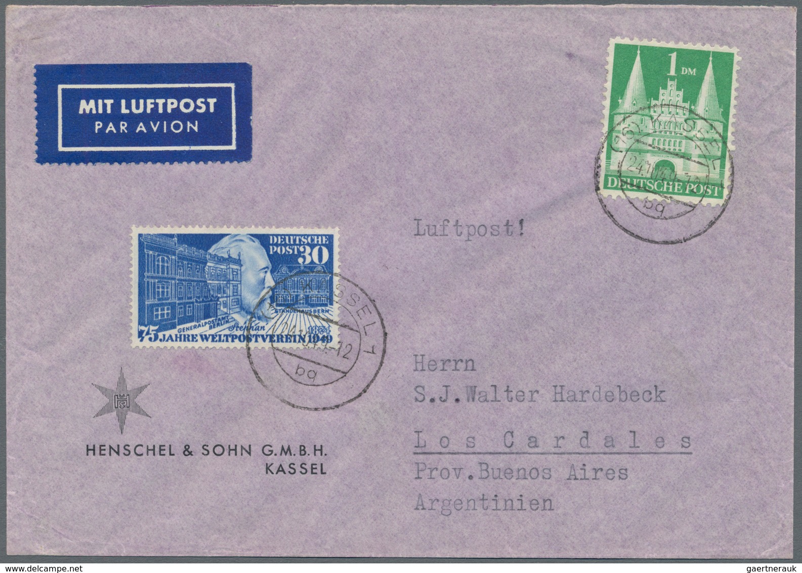 Bundesrepublik Deutschland: 1949. Luftpostbrief Nach Argentinien, Frankiert Mit 1 DM Grün "Holstento - Lettres & Documents