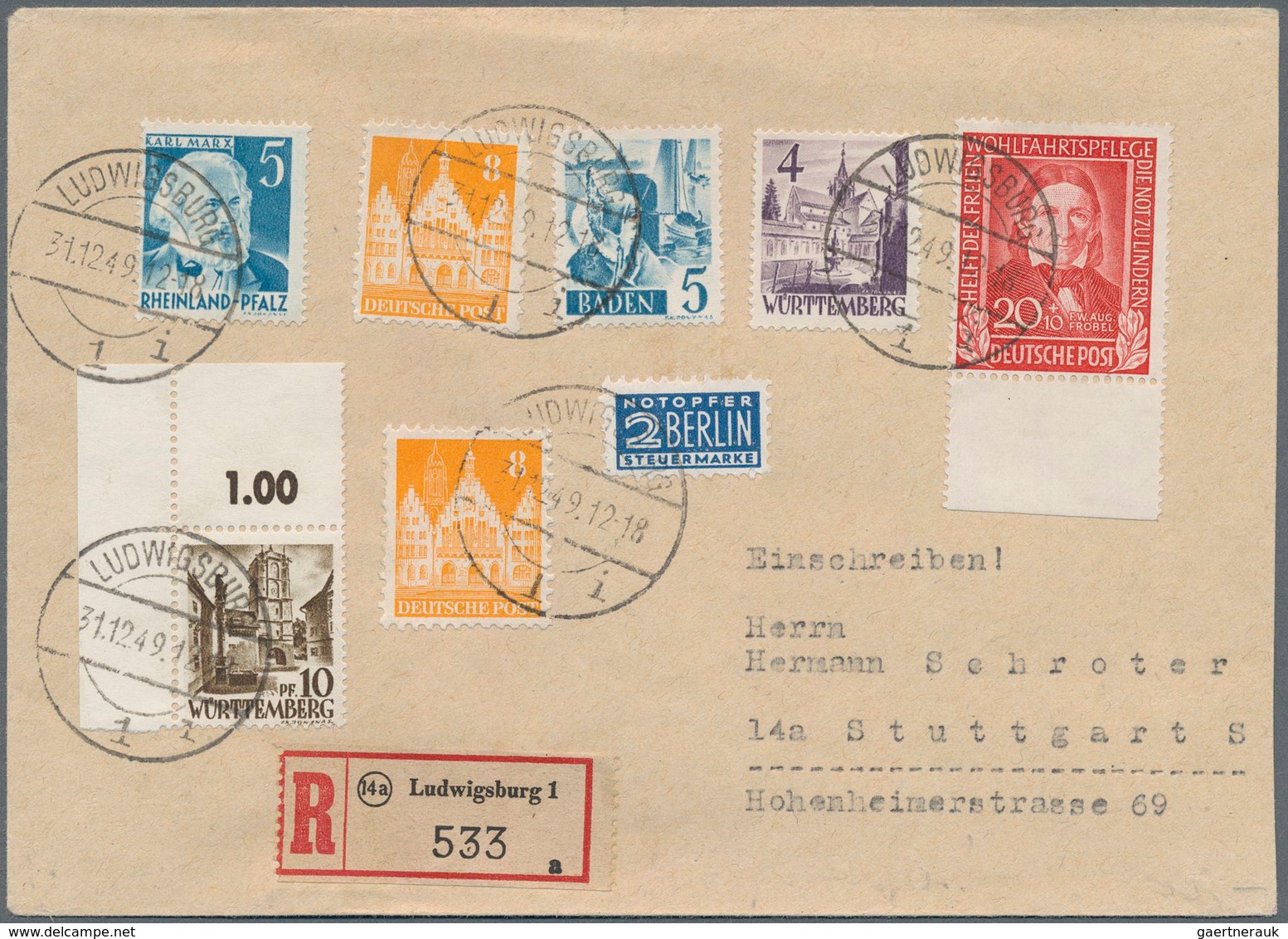 Bundesrepublik Deutschland: 1949, 20 Pf Wohlfahrt In Seltener MiF Mit Bizone Bauten Und Franz. Zone- - Lettres & Documents