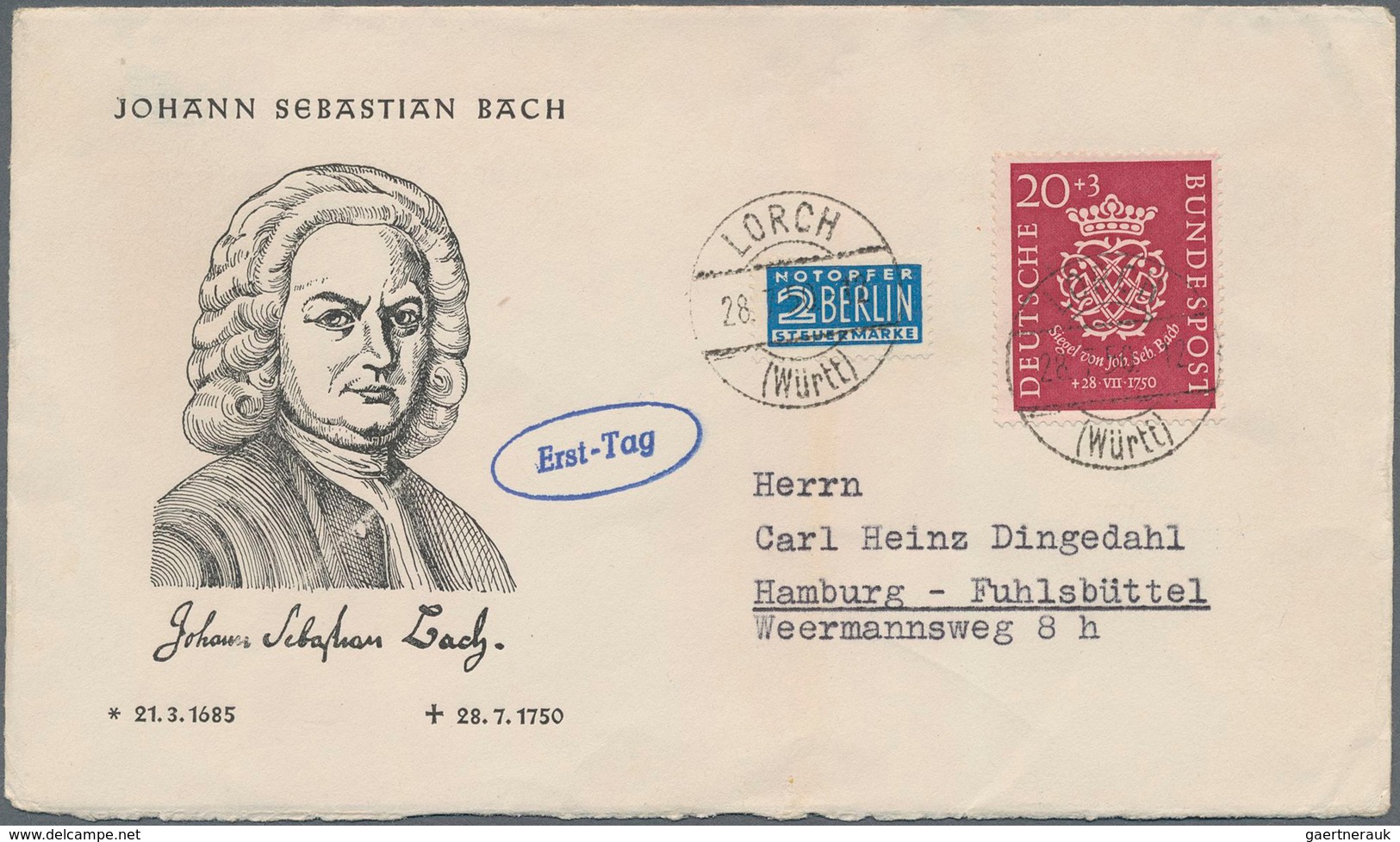 Bundesrepublik Deutschland: 1950, 20 Pfg. Bachsiegel Auf Adressiertem Schmuckumschlag Mit Ersttagsst - Briefe U. Dokumente