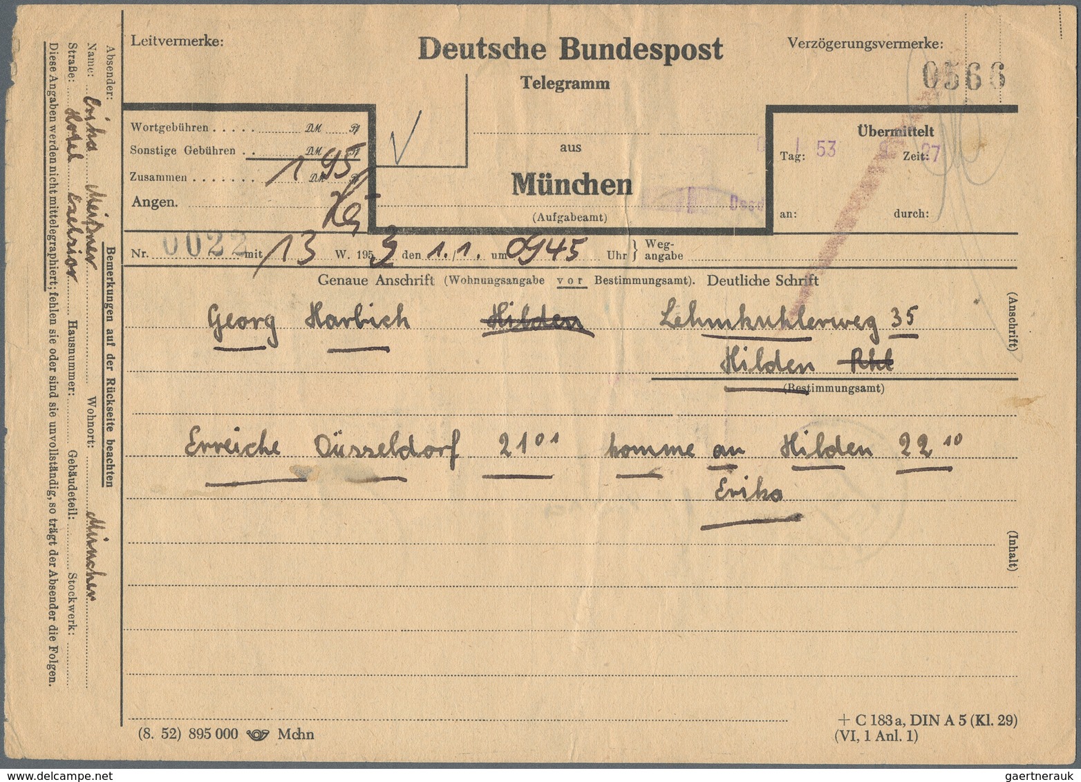 Bundesrepublik Deutschland: 1953, Frankiertes Telegramm Mit Bizone Bauten/Bund Posthorn Mischfrankat - Briefe U. Dokumente