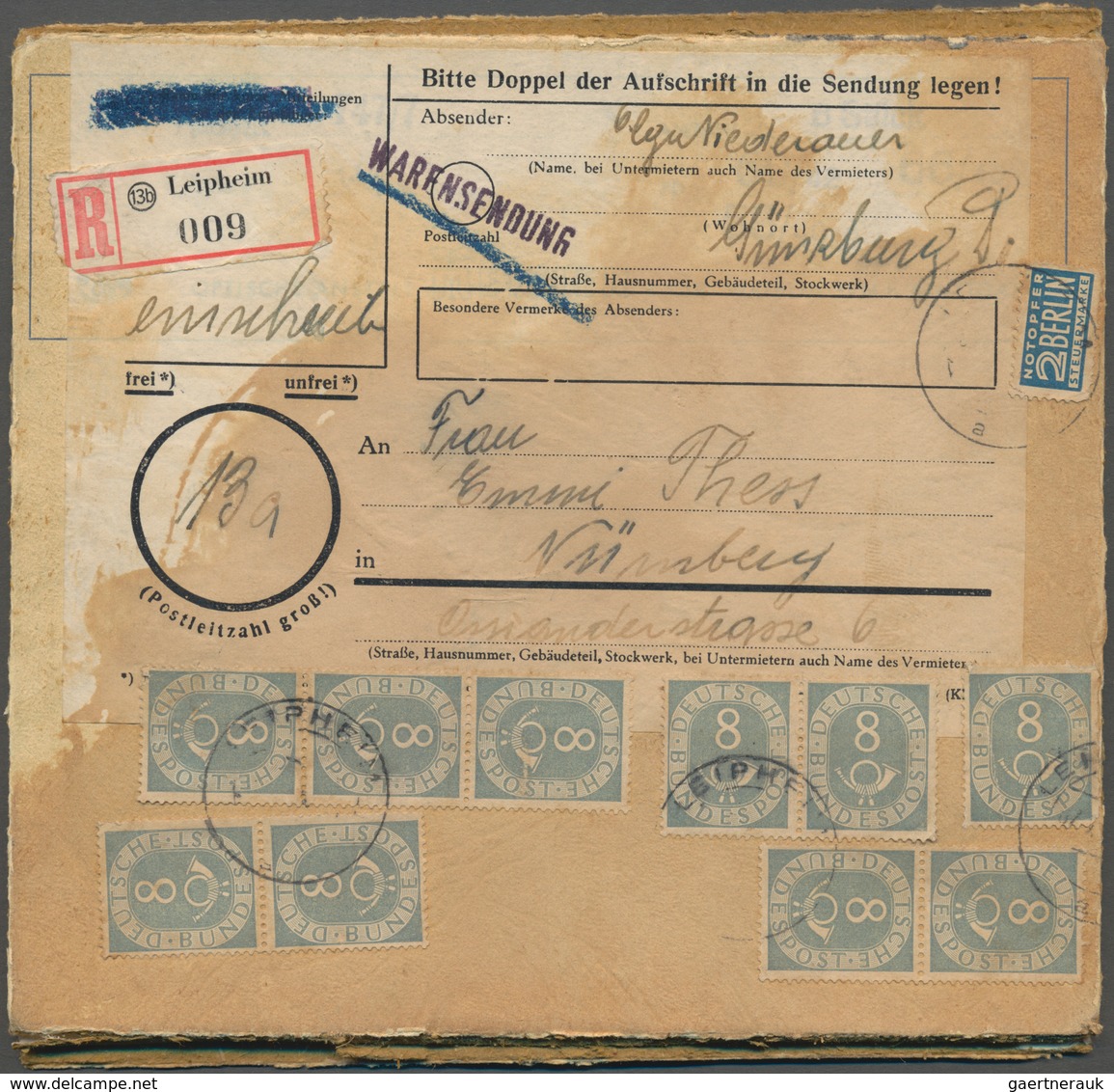 Bundesrepublik Deutschland: 1954. Reko-Warensendung Mit MeF 10x 8 Pf Posthorn Von "Leipheim 7.4.54" - Lettres & Documents