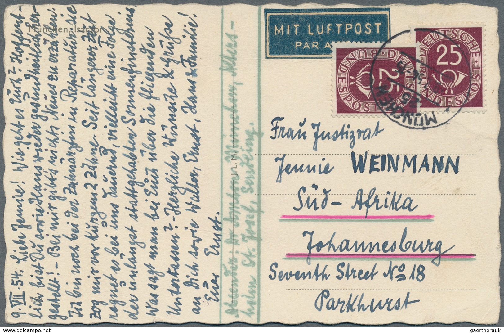 Bundesrepublik Deutschland: 1954, Auslandskarte Frankiert Mit 2-mal 25 Pfg. Posthorn Ab MÜNCHEN 9.7. - Lettres & Documents