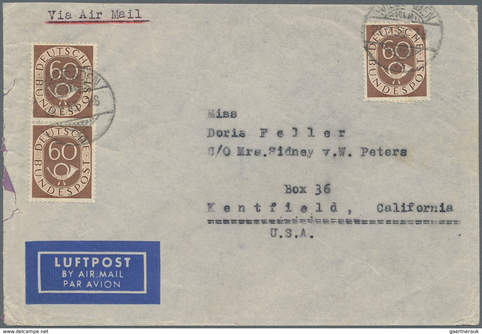 Bundesrepublik Deutschland: 1953, 60 Pfg. Posthorn Dreimal Auf Luftpostbrief Ab WIESBADEN Nach USA. - Covers & Documents